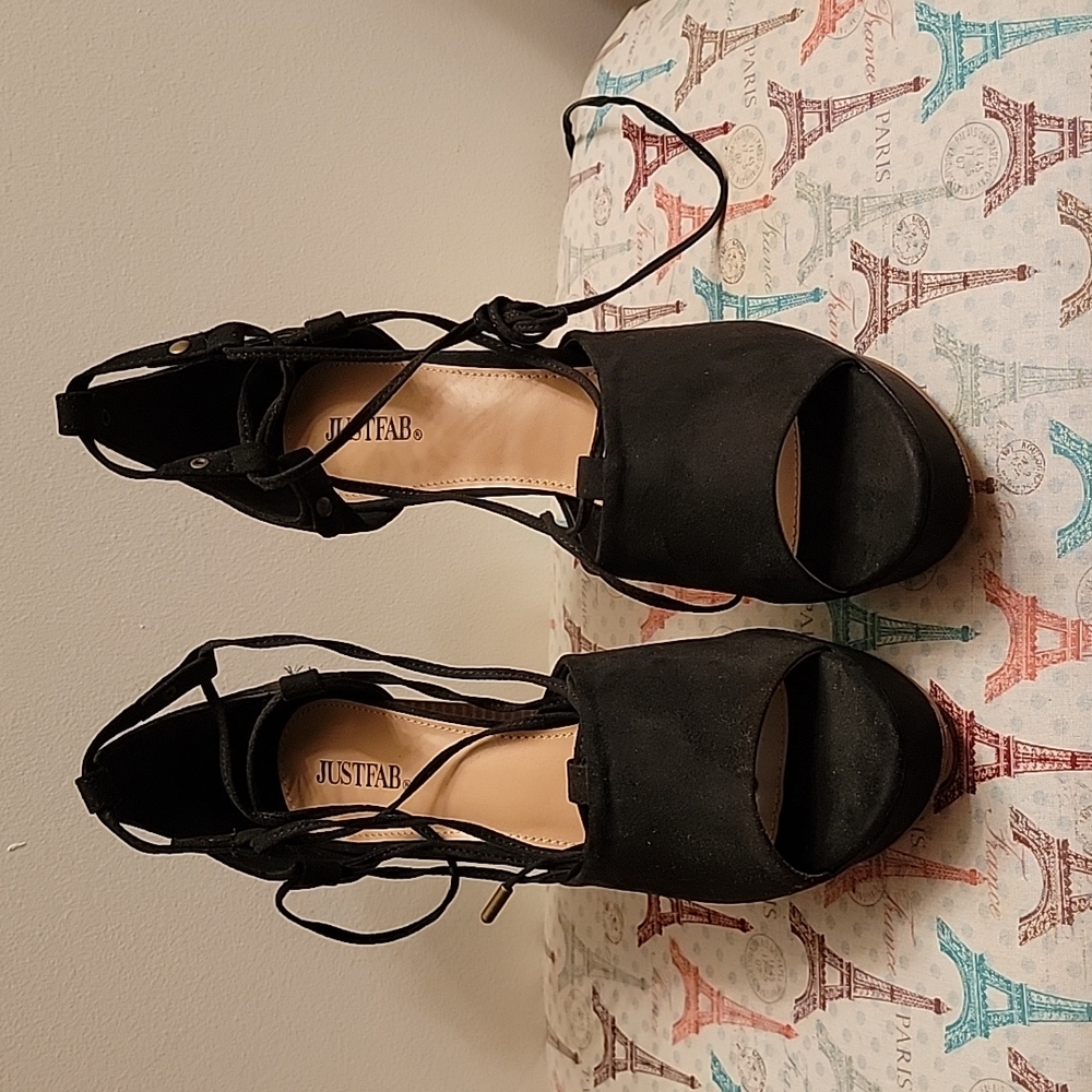 Black suede chunky lace up heels